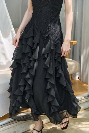 Ruffle Flow Dress <br> -Black-