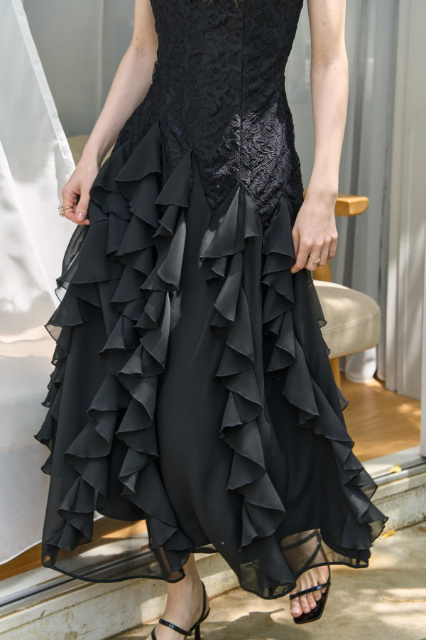 Ruffle Flow Dress <br> -Black-