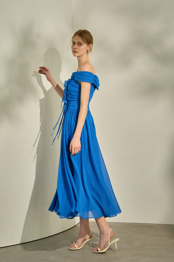 Asymmetric Off-Shoulder Drape One Piece <br> -Blue-