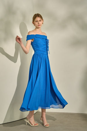 Asymmetric Off-Shoulder Drape One Piece <br> -Blue-