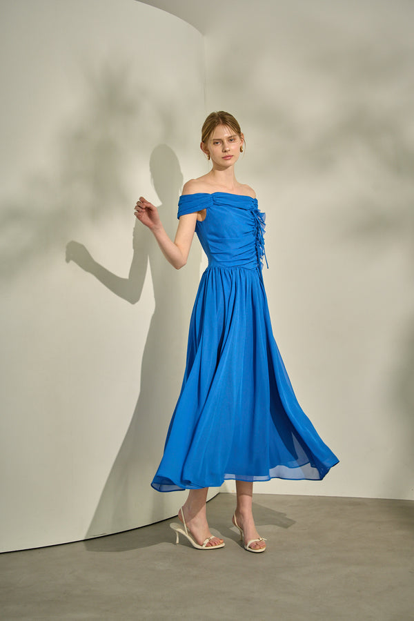 Asymmetric Off-Shoulder Drape One Piece <br> -Blue-