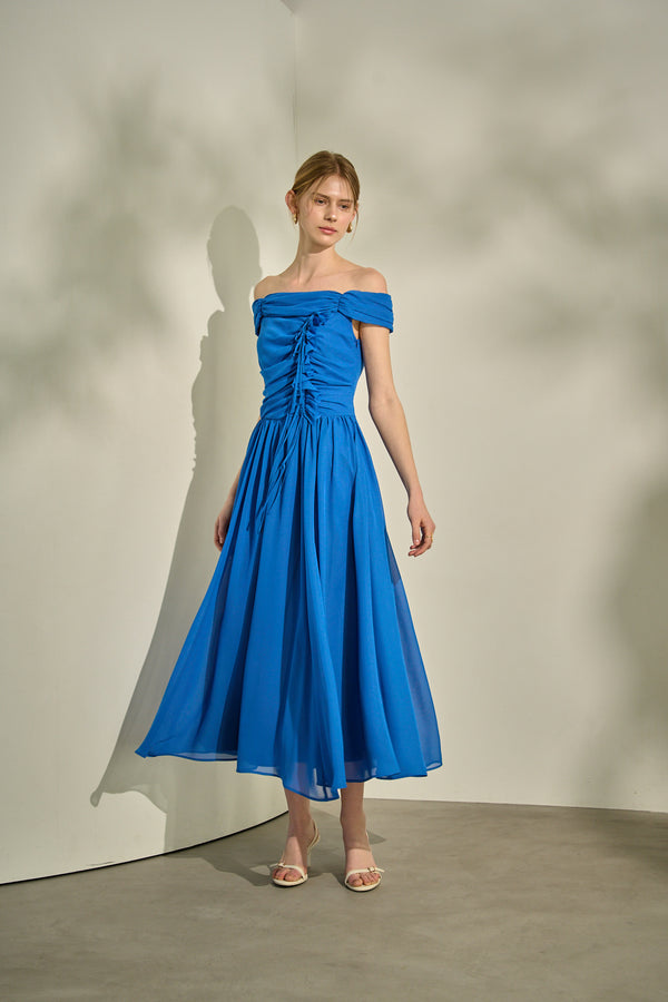 Asymmetric Off-Shoulder Drape One Piece <br> -Blue-