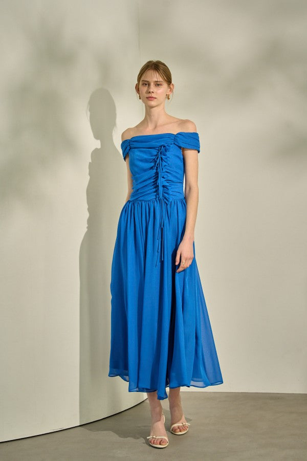 Asymmetric Off-Shoulder Drape One Piece <br> -Blue-