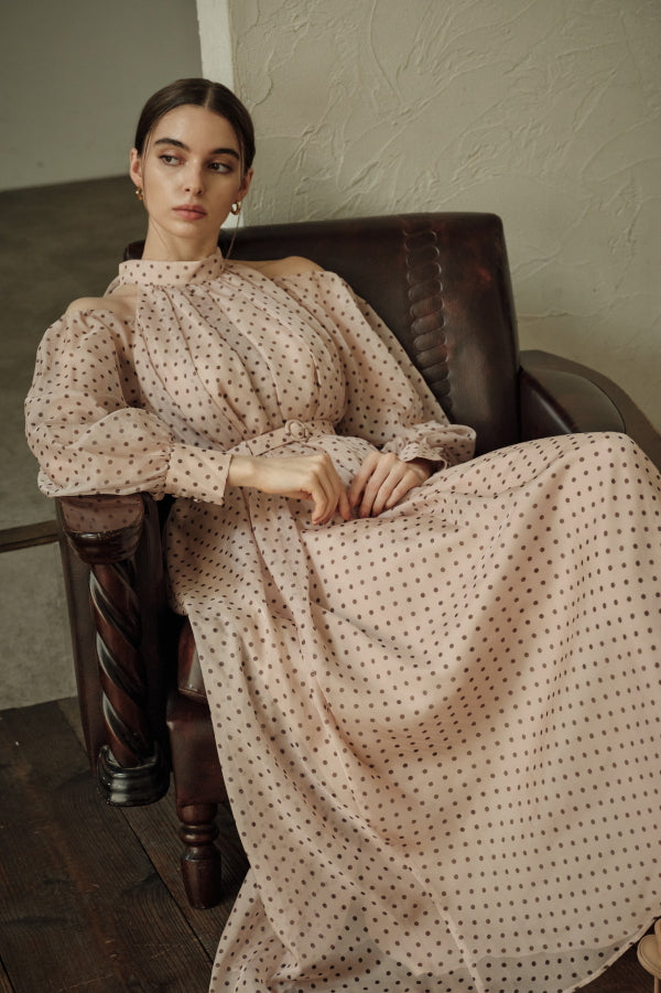 Open Shoulder Dot Dress <br> -Mauve DOT-