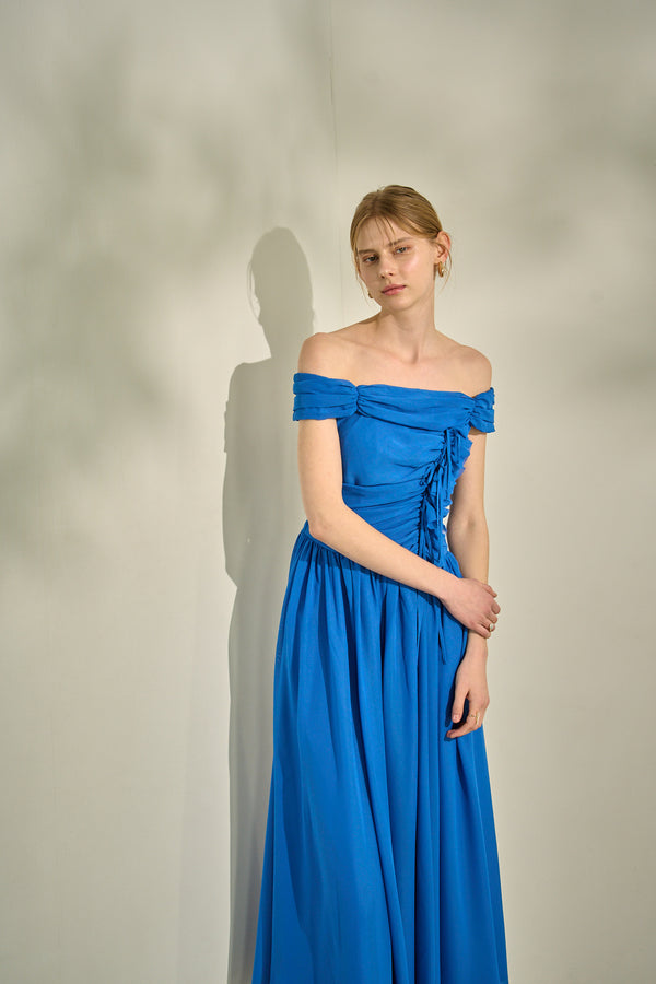 Asymmetric Off-Shoulder Drape One Piece <br> -Blue-