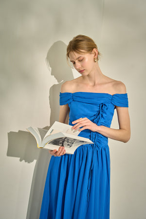 Asymmetric Off-Shoulder Drape One Piece <br> -Blue-