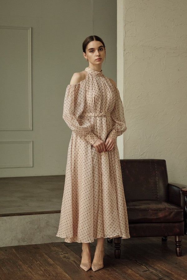 9月8日19時予約開始　Open Shoulder Dot Dress <br> -Mauve DOT-