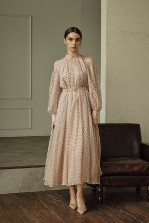 9月8日19時予約開始　Open Shoulder Dot Dress <br> -Mauve DOT-