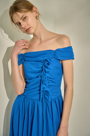 Asymmetric Off-Shoulder Drape One Piece <br> -Blue-