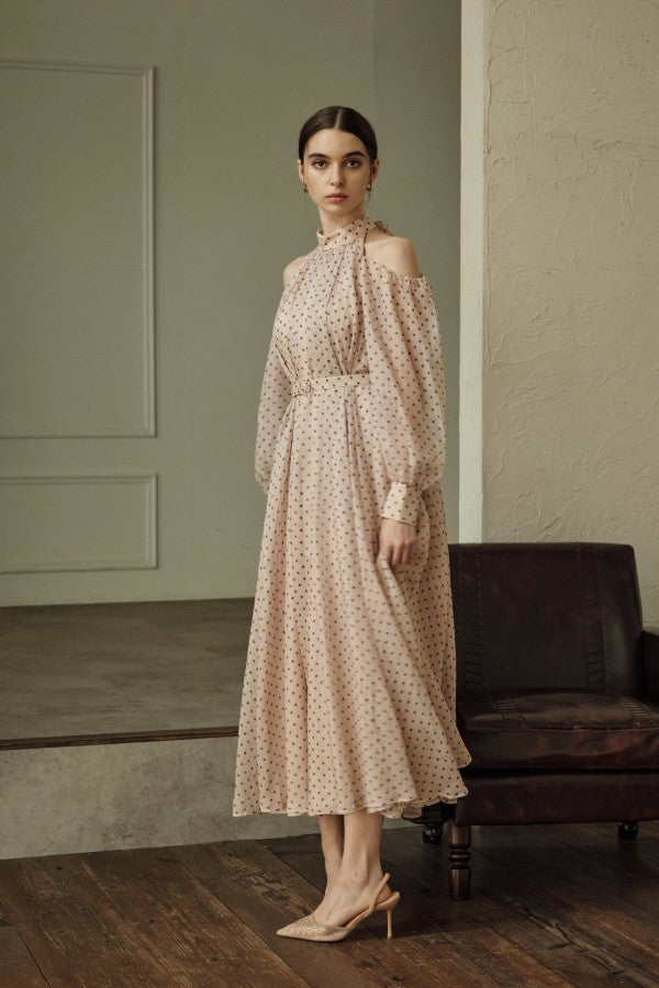 9月8日19時予約開始　Open Shoulder Dot Dress <br> -Mauve DOT-