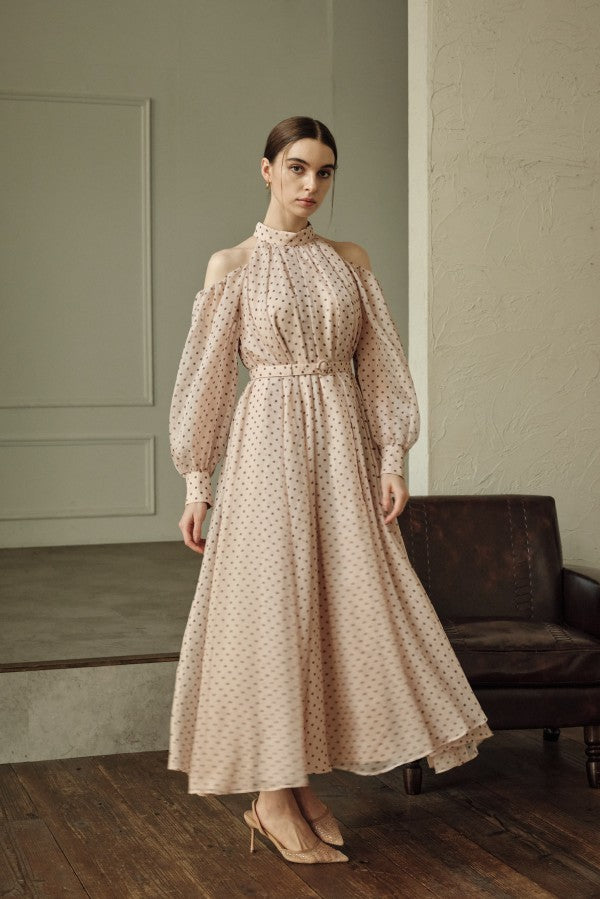 9月8日19時予約開始　Open Shoulder Dot Dress <br> -Mauve DOT-