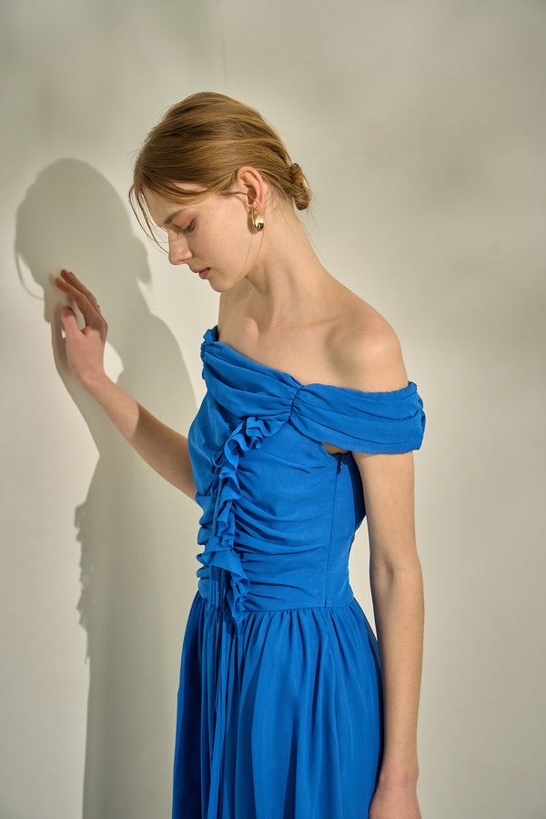 Asymmetric Off-Shoulder Drape One Piece <br> -Blue-