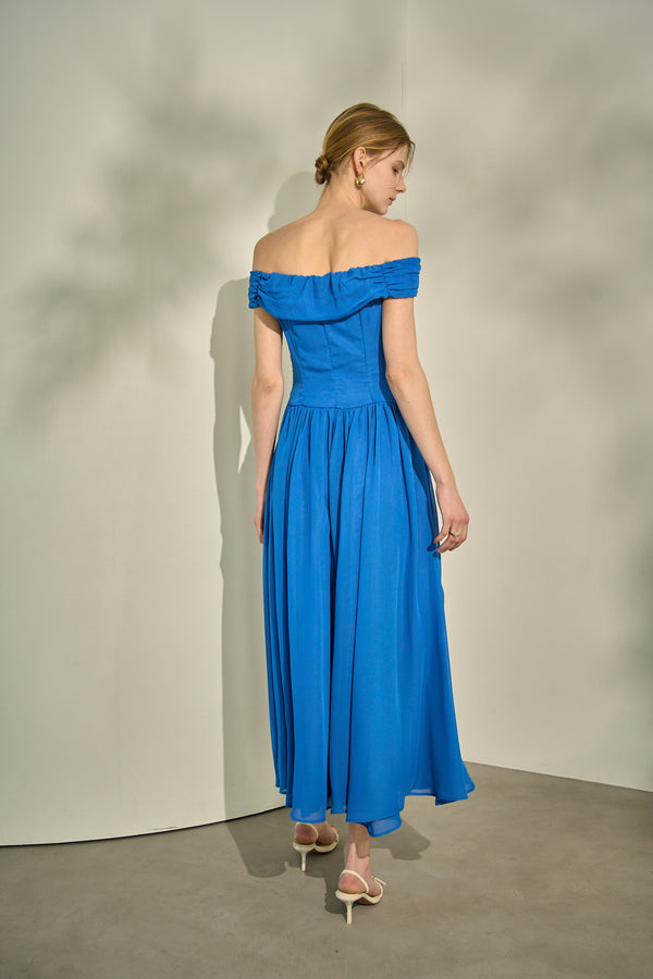 Asymmetric Off-Shoulder Drape One Piece <br> -Blue-