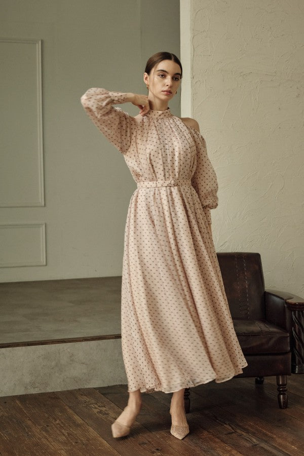 9月8日19時予約開始　Open Shoulder Dot Dress <br> -Mauve DOT-