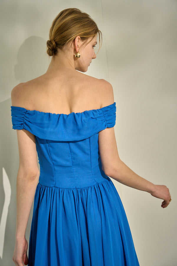 Asymmetric Off-Shoulder Drape One Piece <br> -Blue-