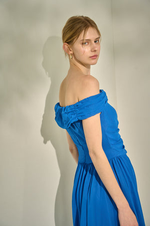 Asymmetric Off-Shoulder Drape One Piece <br> -Blue-
