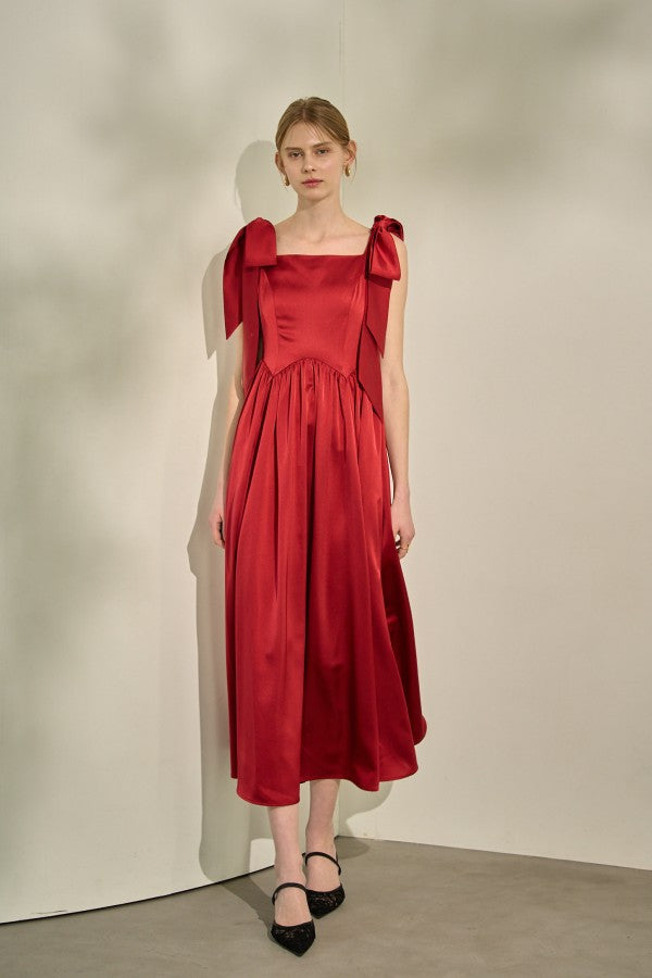 Double-Shoulder Ribbon Dress <br> -Red-