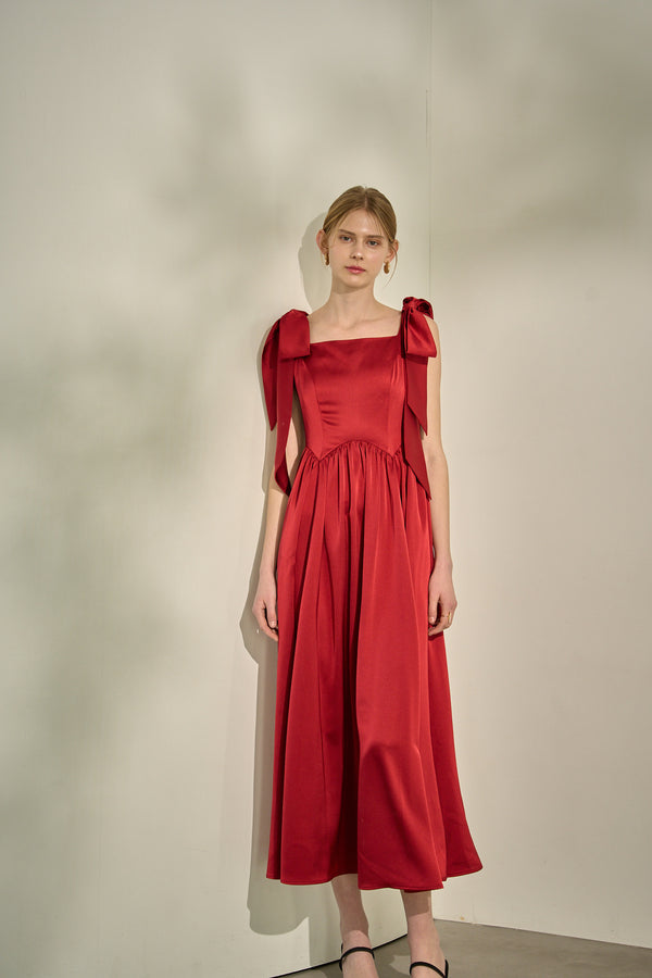 Double-Shoulder Ribbon Dress <br> -Red-