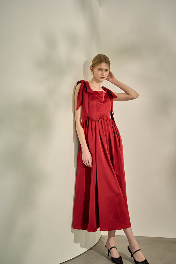 Double-Shoulder Ribbon Dress <br> -Red-