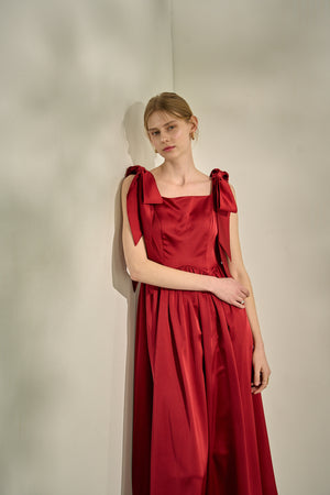 Double-Shoulder Ribbon Dress <br> -Red-