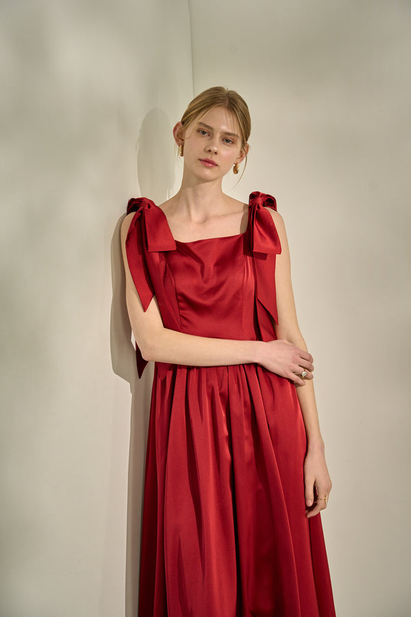 Double-Shoulder Ribbon Dress <br> -Red-