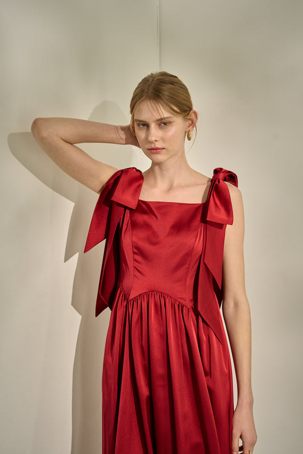 Double-Shoulder Ribbon Dress <br> -Red-