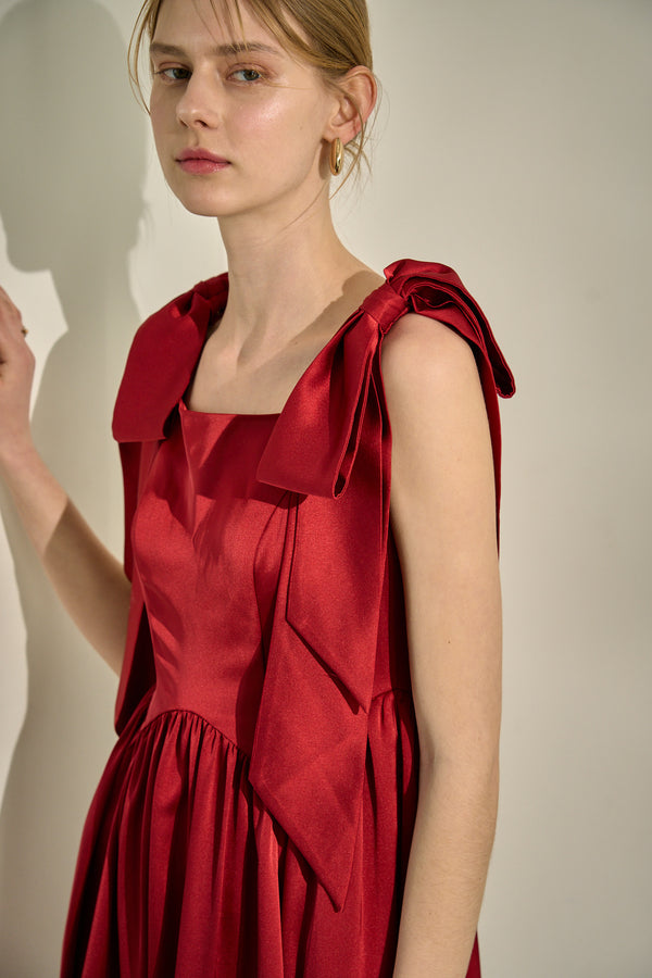 Double-Shoulder Ribbon Dress <br> -Red-