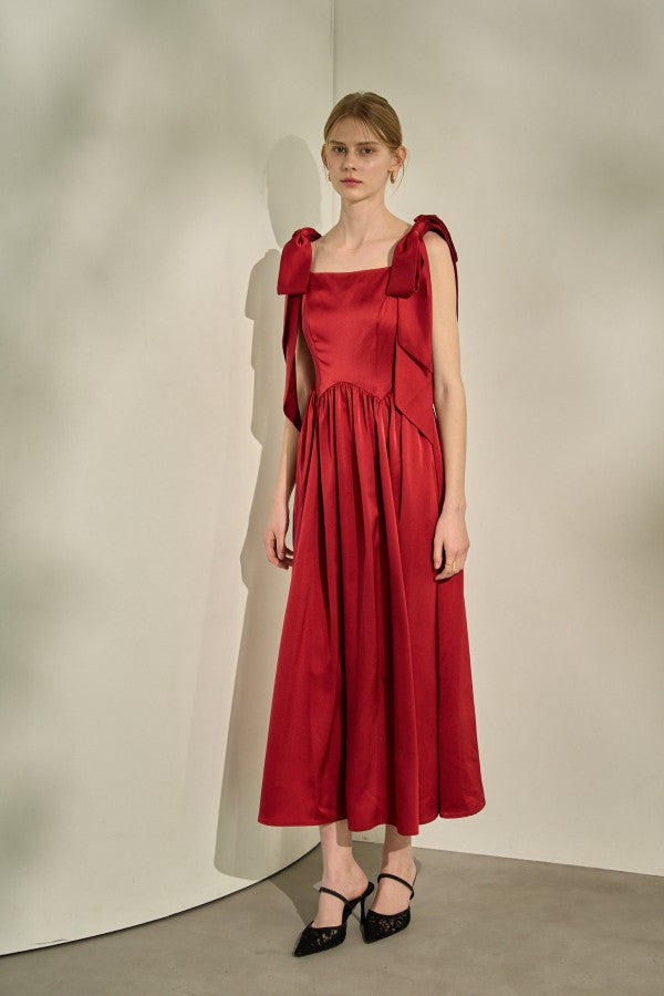 Double-Shoulder Ribbon Dress <br> -Red-