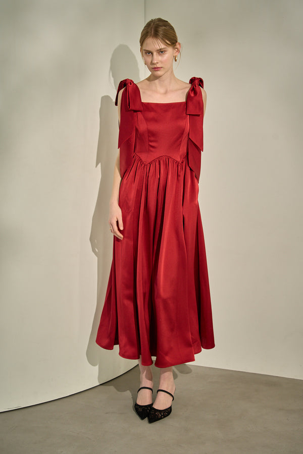Double-Shoulder Ribbon Dress <br> -Red-