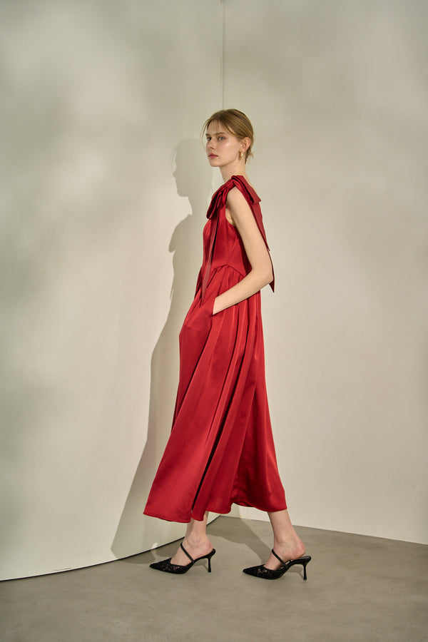 Double-Shoulder Ribbon Dress <br> -Red-
