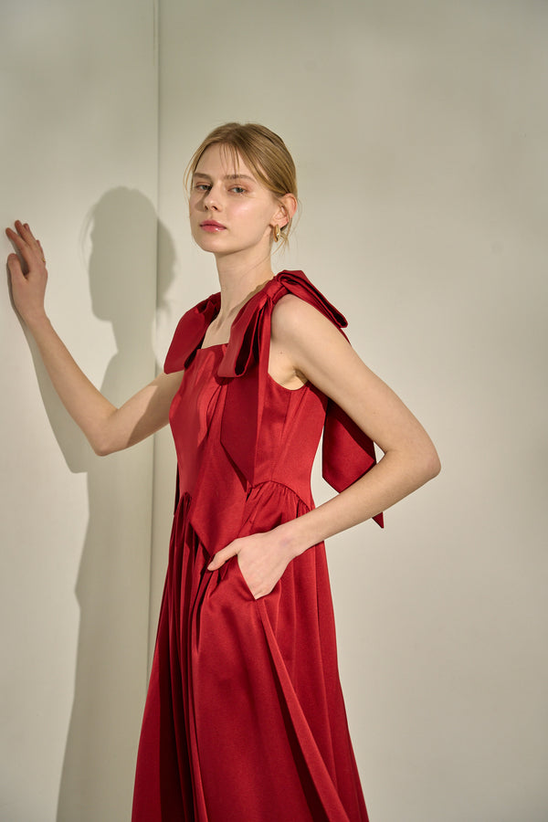 Double-Shoulder Ribbon Dress <br> -Red-