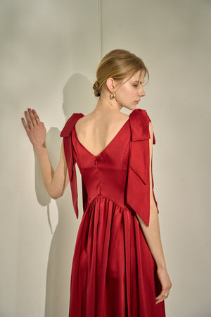 Double-Shoulder Ribbon Dress <br> -Red-