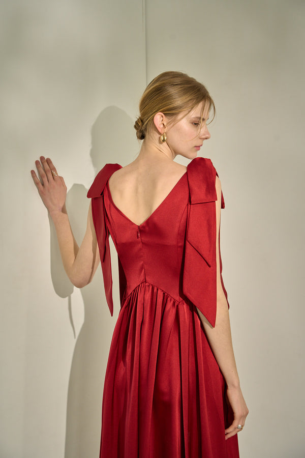 Double-Shoulder Ribbon Dress <br> -Red-