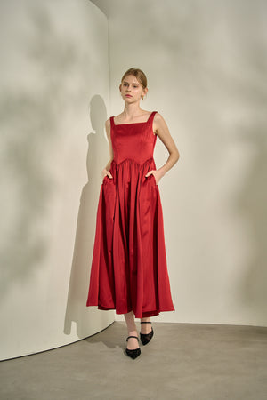 Double-Shoulder Ribbon Dress <br> -Red-