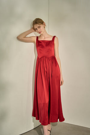 Double-Shoulder Ribbon Dress <br> -Red-
