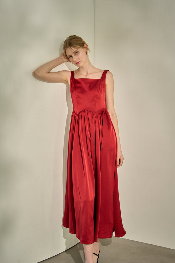 Double-Shoulder Ribbon Dress <br> -Red-