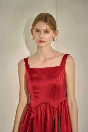 Double-Shoulder Ribbon Dress <br> -Red-