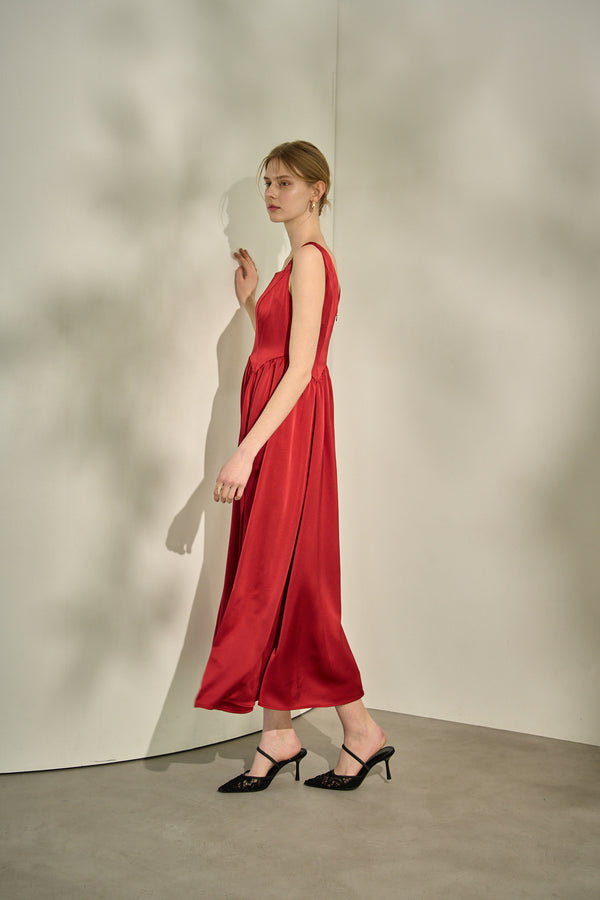 Double-Shoulder Ribbon Dress <br> -Red-