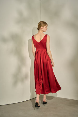 Double-Shoulder Ribbon Dress <br> -Red-