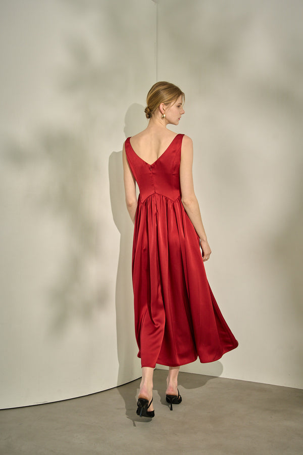 Double-Shoulder Ribbon Dress <br> -Red-