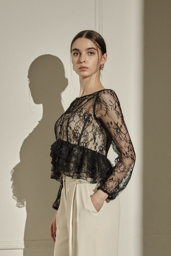 9/8 19時予約開始<br>Sheer Lace Peplum Top <br> -Black-