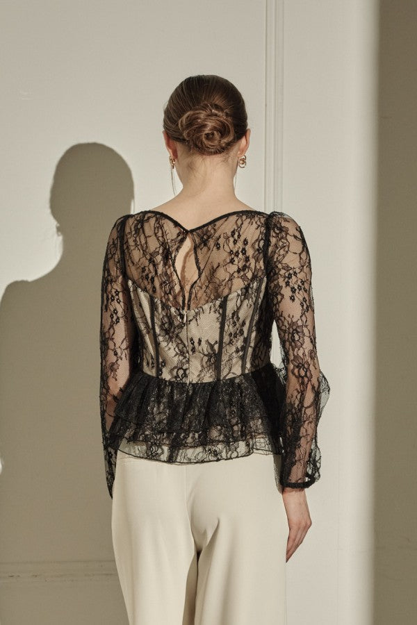 9/8 19時予約開始<br>Sheer Lace Peplum Top <br> -Black-