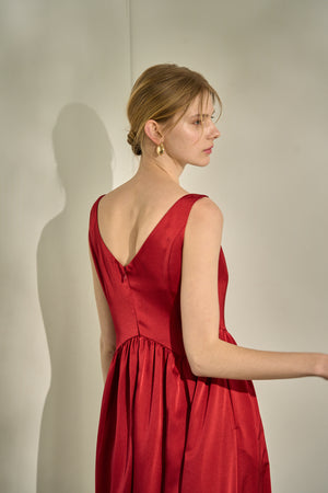 Double-Shoulder Ribbon Dress <br> -Red-