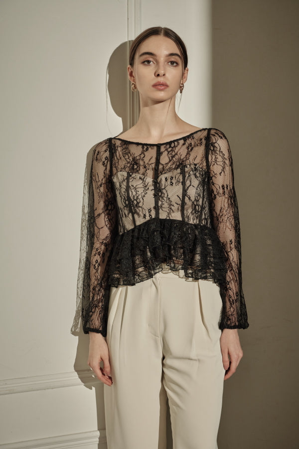 9/8 19時予約開始<br>Sheer Lace Peplum Top <br> -Black-
