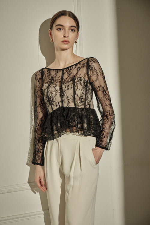 9/8 19時予約開始<br>Sheer Lace Peplum Top <br> -Black-