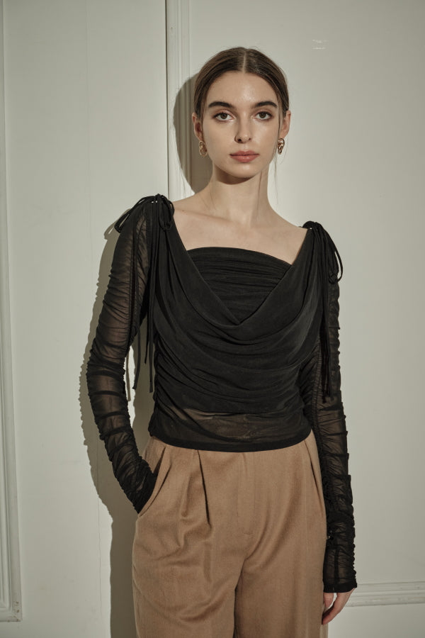 9/8 19時予約開始<br>Ribbon Shoulder Draped Top <br> -Black-