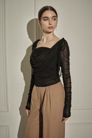 9/8 19時予約開始<br>Ribbon Shoulder Draped Top <br> -Black-