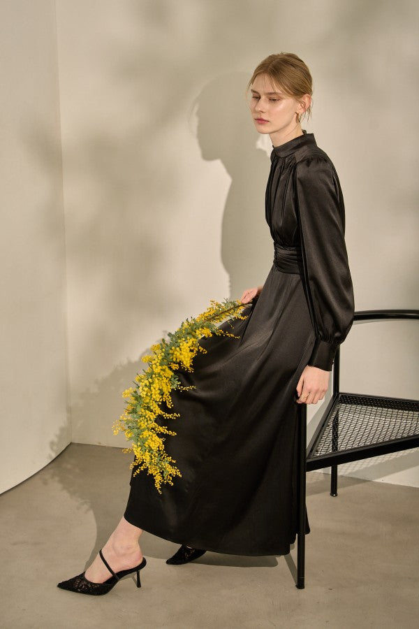 Satin Stand-Neck Long Dress <br> -Black-