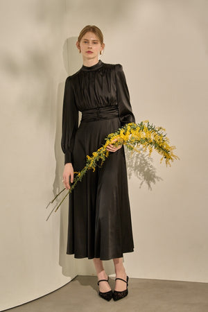 Satin Stand-Neck Long Dress <br> -Black-