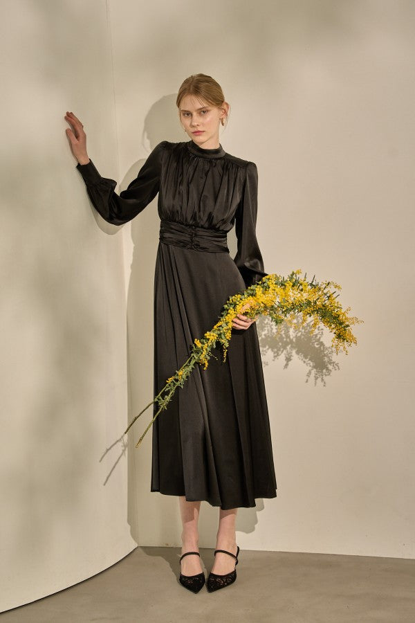 Satin Stand-Neck Long Dress <br> -Black-